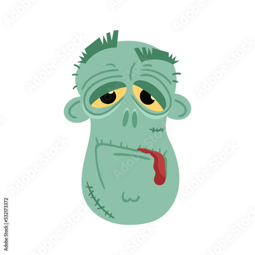 Sad zombie head avatar in cartoon style. Halloween undead sign, scary dead man icon, zombie character vector illustration