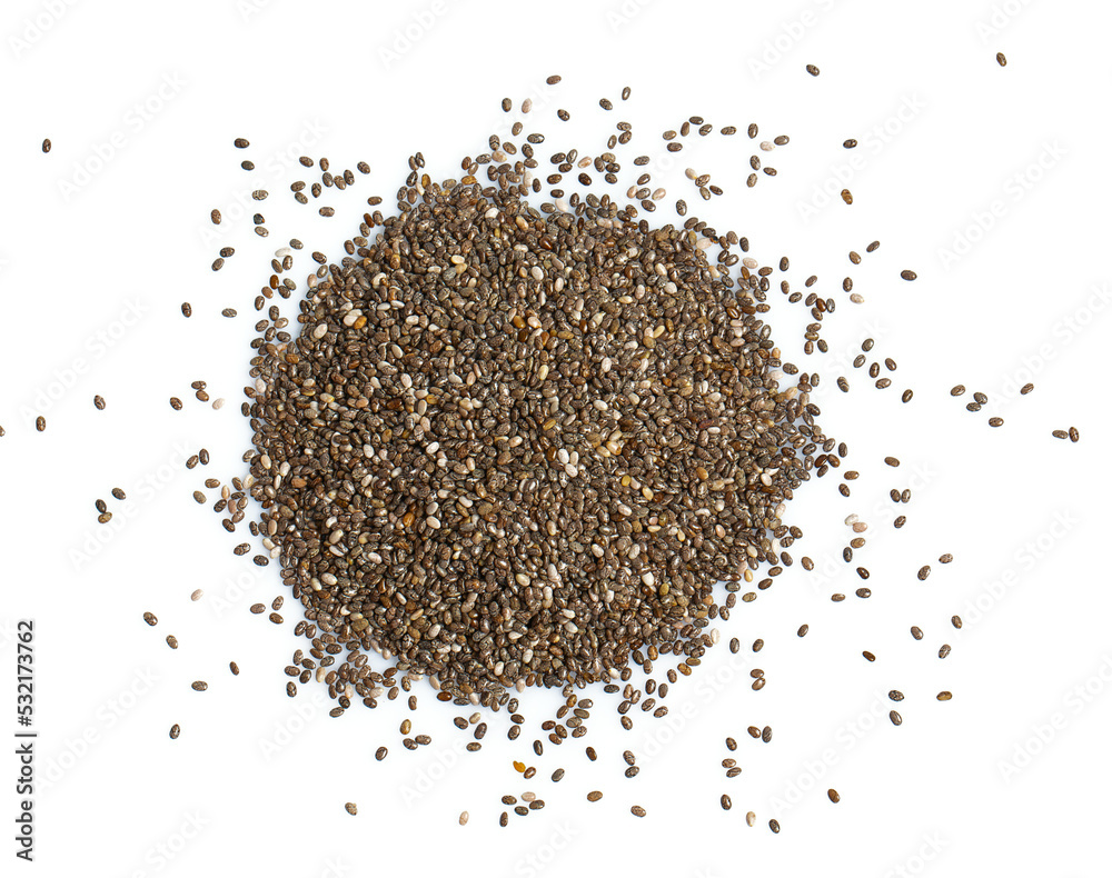 Chia seeds close up. Superfood concept. Isolated on white background. Chia seeds close up. Superfood concept. Isolated on white background.