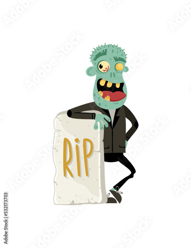 Smiling zombie monster near rip gravestone in cartoon style. Halloween undead sign, horror undead personage, walking dead man vector illustration