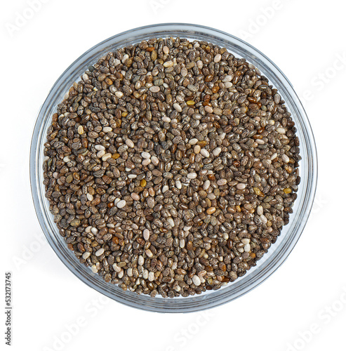 Chia seeds close up. Superfood concept. Isolated on white background.