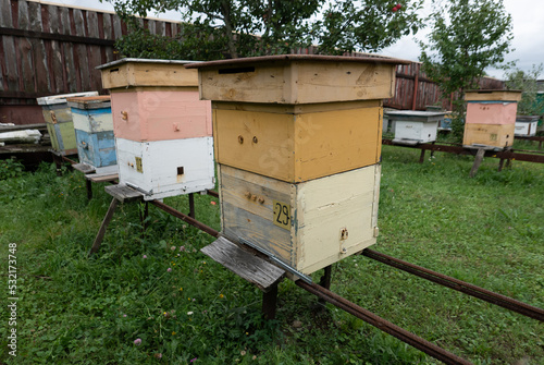 Old wooden beehive on a bee farm