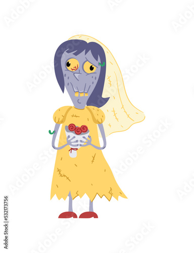 Female zombie in wedding dress character. Bride zombie personage, undead monster wedding, zombie apocalypse vector illustration.