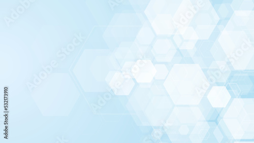Hexagons pattern on blue background. Genetic research, molecular structure. Chemical engineering. Concept of innovation technology. Used for design healthcare, science and medicine background
