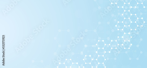 Hexagons pattern blue background. Genetic research  molecular structure. Chemical engineering. Concept of innovation technology. Used for design healthcare  science and medicine background
