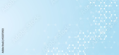 Hexagons pattern blue background. Genetic research, molecular structure. Chemical engineering. Concept of innovation technology. Used for design healthcare, science and medicine background