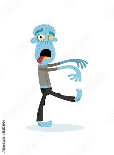 Comic walking dead man character. Halloween zombie horror fantasy element, undead monster personage, zombie apocalypse vector illustration.