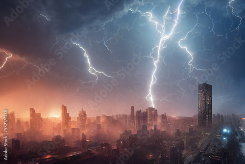 lightning over the city  thunderstorm background  3d render  3d illustration