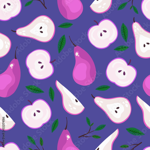 Seamless pattern with apples and pears on a purple background. Vector hand drawing.