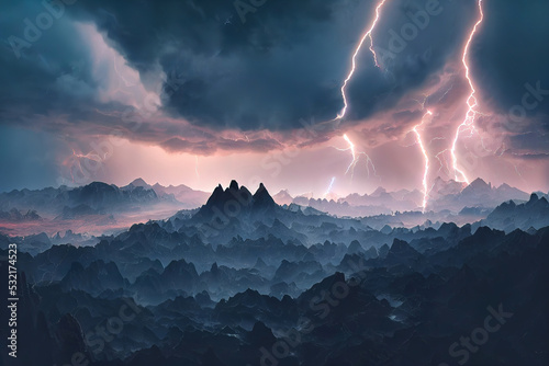 lightning in the mountains, thunderstorm background, 3d render, 3d illustration