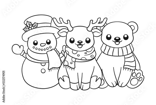 Happy snowman, reindeer and polar bear wearing scarves outline line art doodle cartoon illustration. Winter Christmas theme coloring book page activity for kids and adults.