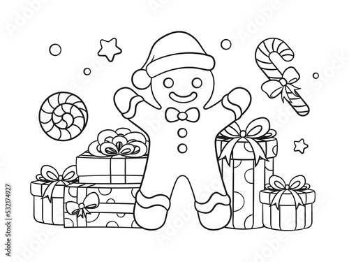 Gingerbread man with gift boxes and peppermint candy cane outline line art doodle cartoon illustration. Winter Christmas theme coloring book page activity for kids and adults.