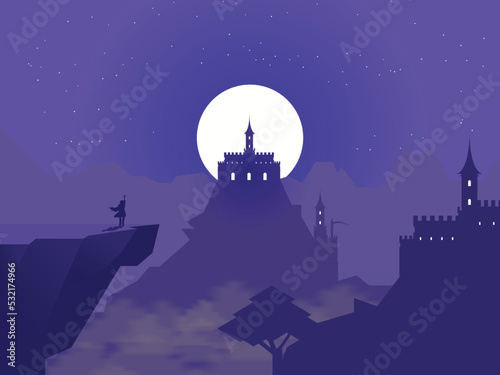 Flat Purple Night Scenery in Medieval Time
