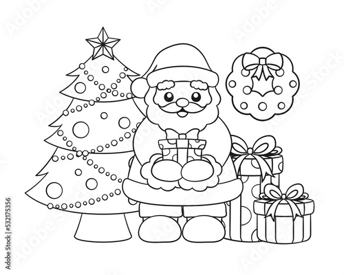 Santa Claus with gifts, wreath and Christmas tree outline line art doodle cartoon illustration. Winter Christmas theme coloring book page activity for kids and adults.