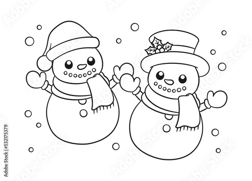 Snowman wearing hats and scarf with snow outline line art doodle cartoon illustration. Winter Christmas theme coloring book page activity for kids and adults. photo