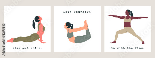 Set of women wearing sportswear doing Yoga. Young slim girls doing yoga. Hand drawn colored Vector illustrations. Motivational phrases. Health care and lifestyle concept. Female yoga. 