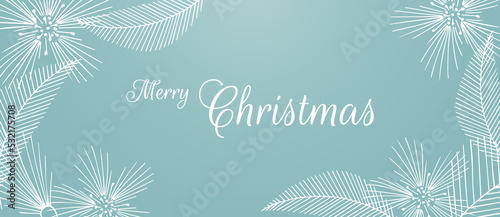 Blue banner Merry Christmas with doodle winter flowers hand drawn. Vector illustration