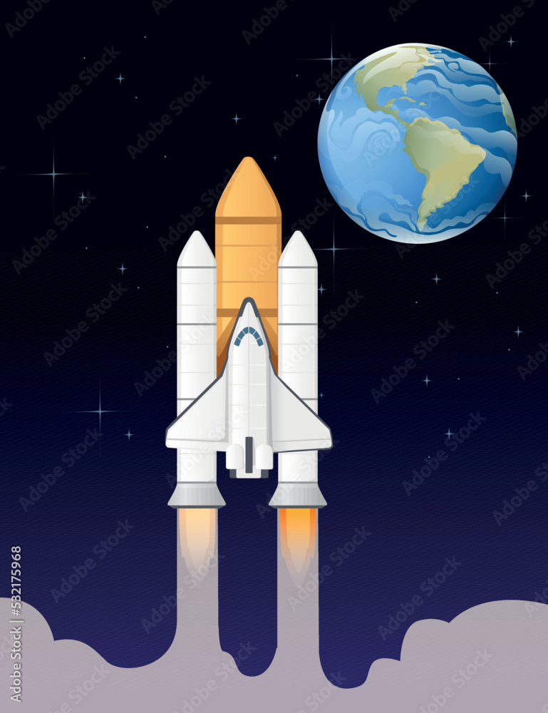Obraz premium Space rocket flying in the open space vector illustration with stars and planet Earth on background