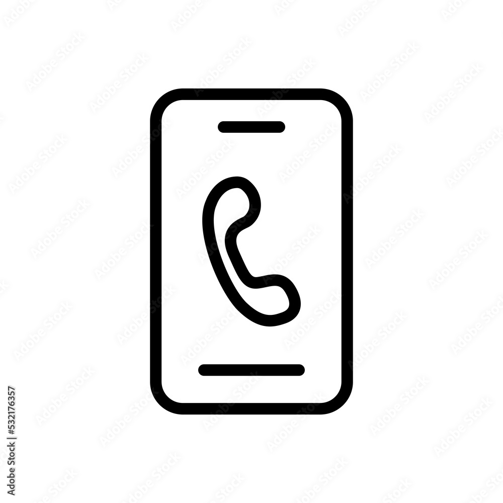 Phomne with handset line icon. Silent mode, phone number, speech bubble, network, tick, cross, location, message, speech bubble. Contact us concept. Vector black line icon on a white background Phomne with handset line icon. Silent mode, phone number, speech bubble, network, tick, cross, location, message, speech bubble. Contact us concept. Vector black line icon on a white background