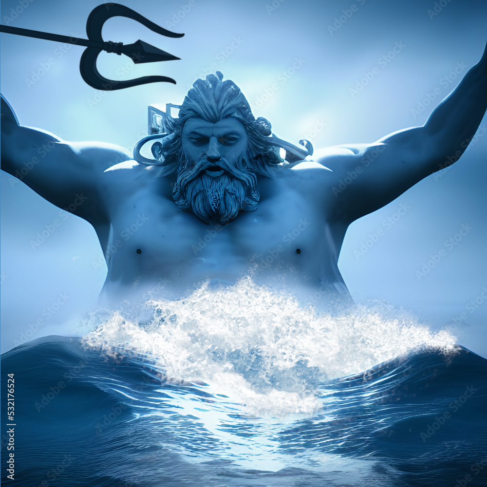 3d graphic illustration of greek god of sea poseidon or neptune as big ...