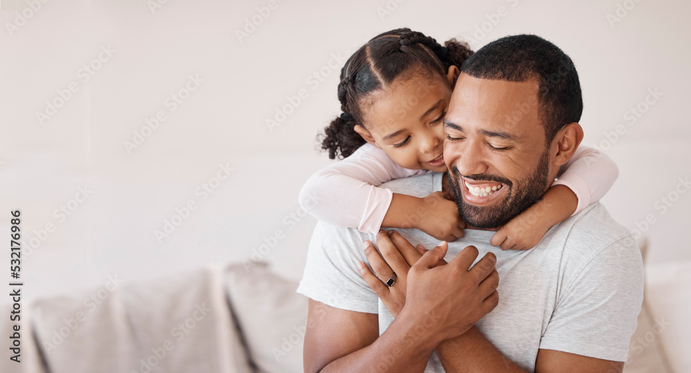 Kid hugging dad in lounge for happy fathers day, love and care while relaxing, bonding and funny play at home. Mockup with excited girl child, smile parent man and laughing family happiness together - obrazy, fototapety, plakaty 