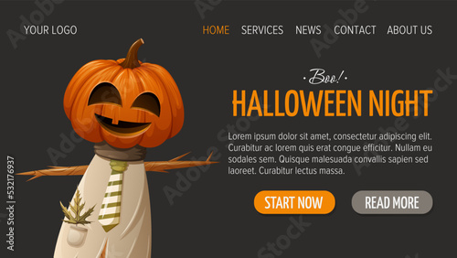 Halloween scarecrow with a pumpkin instead of a head. Dark horizontal template for website interface. Vector illustration. For store, sale.