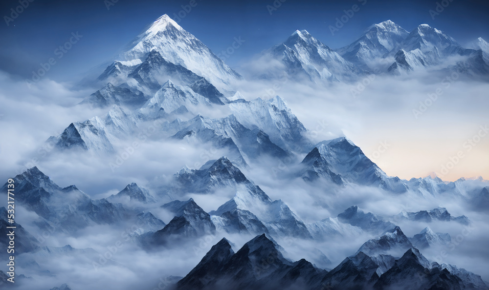 View of the Himalayas during a foggy sunset night - Mt Everest visible through the fog with dramatic and beautiful lighting View of the Himalayas during a foggy sunset night - Mt Everest visible through the fog with dramatic and beautiful lighting