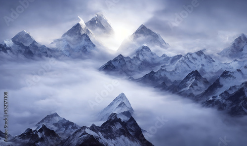 View of the Himalayas during a foggy sunset night - Mt Everest visible through the fog with dramatic and beautiful lighting