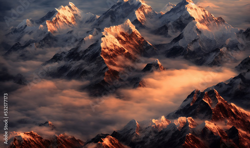 Foto View of the Himalayas during a foggy sunset night - Mt Everest visible through t