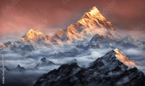 Slika na platnu View of the Himalayas during a foggy sunset night - Mt Everest visible through t