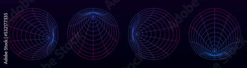 Retrofuturistic collection of round cyber shapes. Wireframe ellipse shapes. Vector illustration