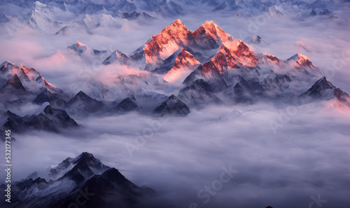 View of the Himalayas during a foggy sunset night - Mt Everest visible through the fog with dramatic and beautiful lighting © Josh