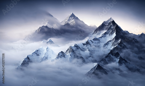View of the Himalayas during a foggy sunset night - Mt Everest visible through the fog with dramatic and beautiful lighting