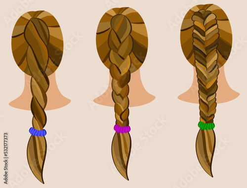 Three different types of braiding. Hairstyle for long hair. Vector illustration isolated on light beige background.