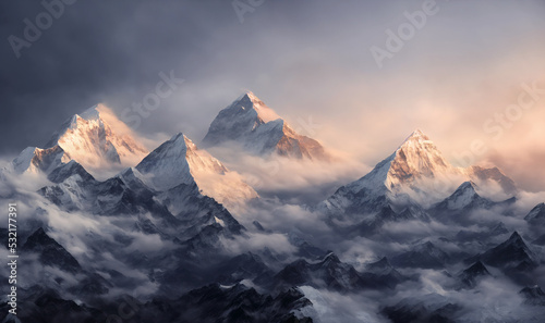 Fotografija View of the Himalayas during a foggy sunset night - Mt Everest visible through t