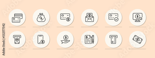 Money set icon. Wallet, dollar, income, salary, card, mailing list, check, online store, coin, atm, contract, oline bank, profit, credit, deposit. Pastel color background. Vector line icon photo