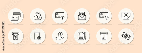 Money set icon. Wallet, dollar, income, salary, card, mailing list, check, online store, coin, atm, contract, oline bank, profit, credit, deposit. Pastel color background. Vector line icon