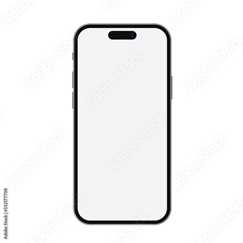 Realistic phone mockup for any project vector illustration. New trendy version of black thin frame dynamic island display smartphone with blank white screen.