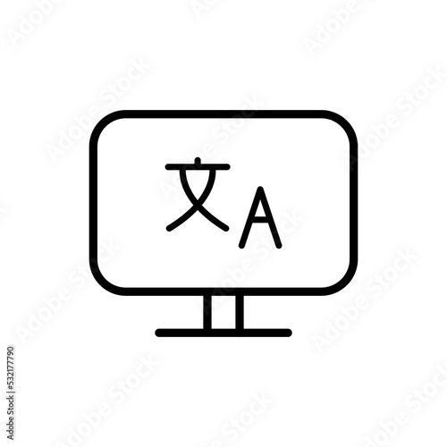 Monitor with translator line icon. Translation service, speech bubble, different languages, interpreter, app, dictionary. Polyglot concept. Vector black line icon on a white background
