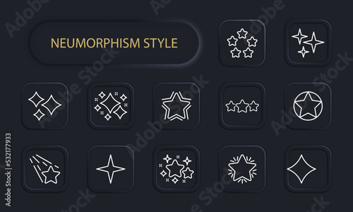 Stars set icon. Review, feedback, Inspiration,, flicker star, shimmer, shine, rating, shooting star with tail, star of bethlehem, space. Dream concept. Neomorphism. Vector line icon for Business