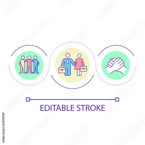 Equality in workplace loop concept icon. Teamwork and collaboration in company. Staff diversity abstract idea thin line illustration. Isolated outline drawing. Editable stroke. Arial font used