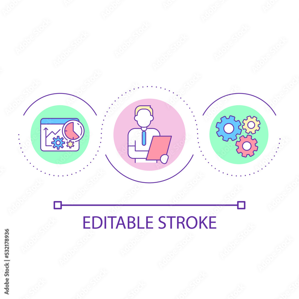 Workflow efficiency study loop concept icon. Business processes analytics. Expert consultation abstract idea thin line illustration. Isolated outline drawing. Editable stroke. Arial font used Workflow efficiency study loop concept icon. Business processes analytics. Expert consultation abstract idea thin line illustration. Isolated outline drawing. Editable stroke. Arial font used