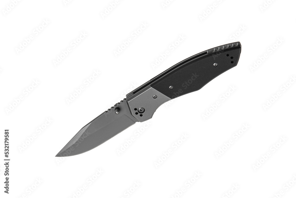 Pocket folding knife isolate on white back. Compact metal sharp knife with a folding blade. Pocket folding knife isolate on white back. Compact metal sharp knife with a folding blade.