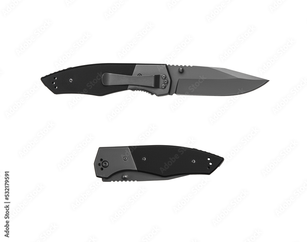 Pocket folding knife isolate on white back. Compact metal sharp knife with a folding blade. Pocket folding knife isolate on white back. Compact metal sharp knife with a folding blade.