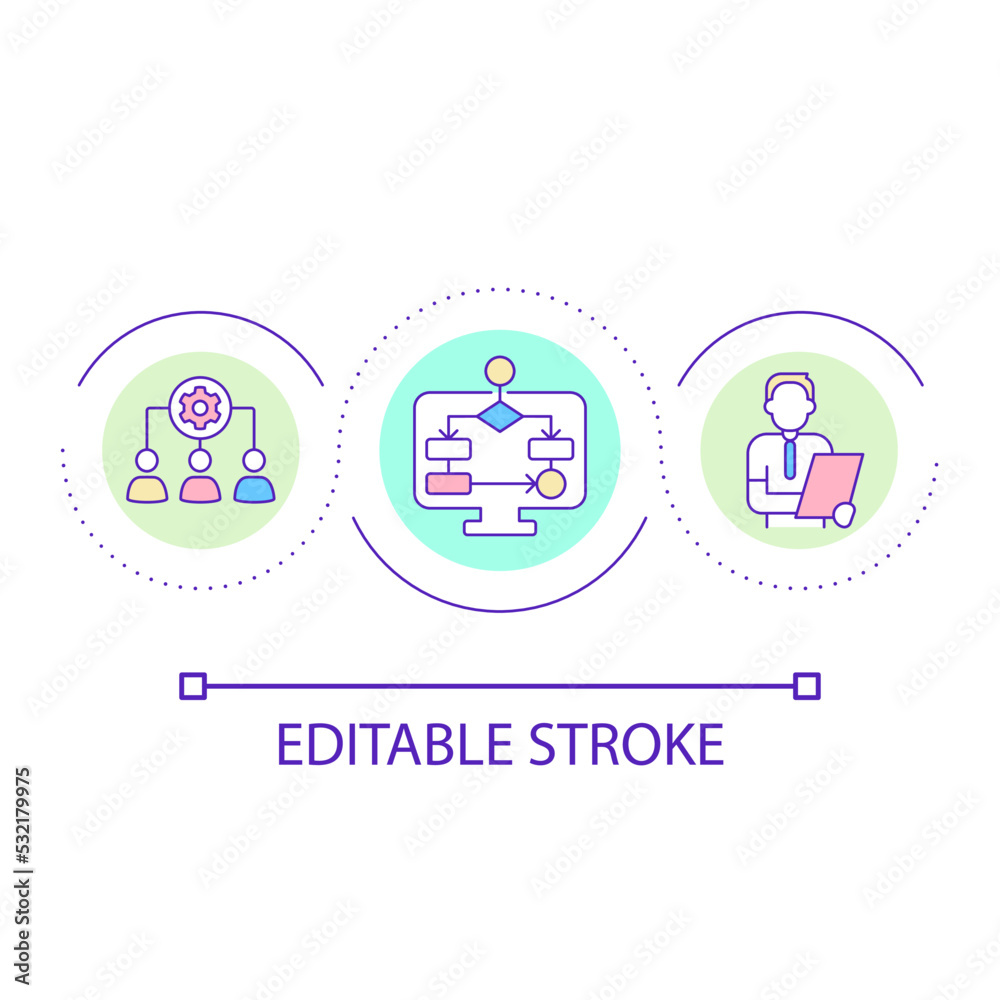 Technology in teamwork loop concept icon. Algorithm integration in workplace. Automation abstract idea thin line illustration. Isolated outline drawing. Editable stroke. Arial font used