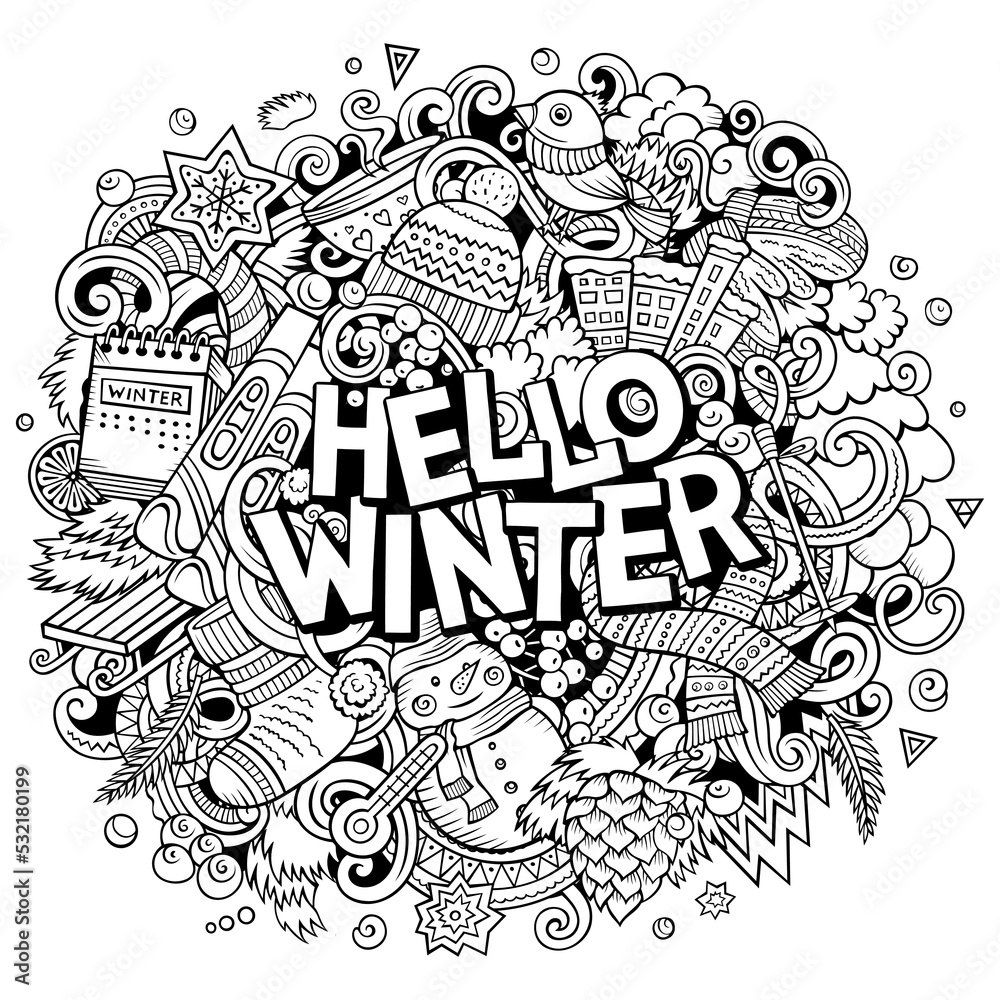Hello Winter hand drawn doodles vector illustration.