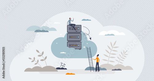 Cloud server with database upload for information storage tiny person concept. File backup solution with wireless sync technology vector illustration. Data file download from hosting infrastructure.