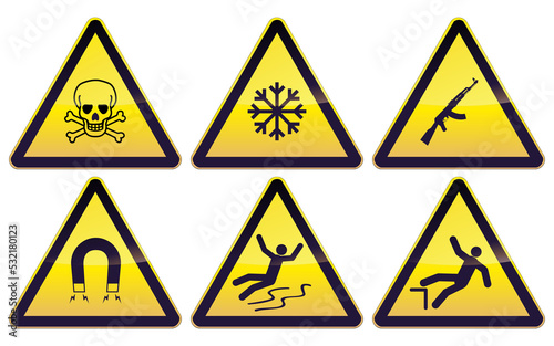 Collection of black and yellow triangular signs of industrial dangers such as strong magnetic fields, danger of death, very low temperature, danger of slipping or falling and weapon of war