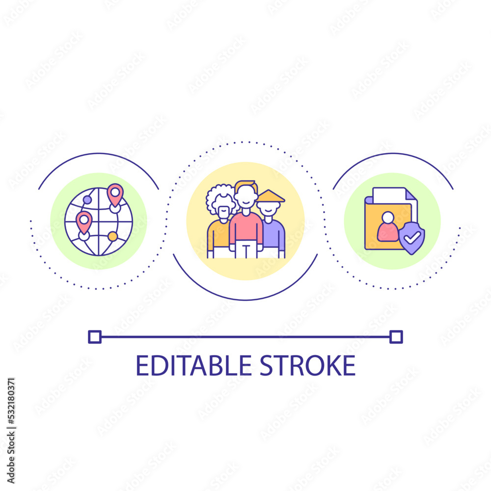 Ethnic diversity loop concept icon. Racial tolerance politics. Security of origin data abstract idea thin line illustration. Isolated outline drawing. Editable stroke. Arial font used
