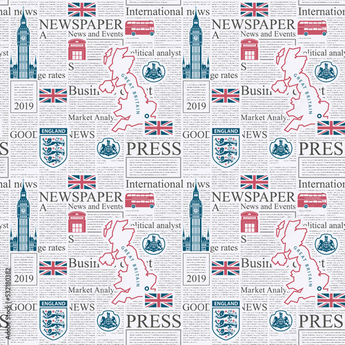 Vector seamless pattern with UK or London newspaper. Decorative page of newspaper or magazine with headings, illustrations and unreadable text. Suitable for wallpaper, wrapping paper, fabric, textile