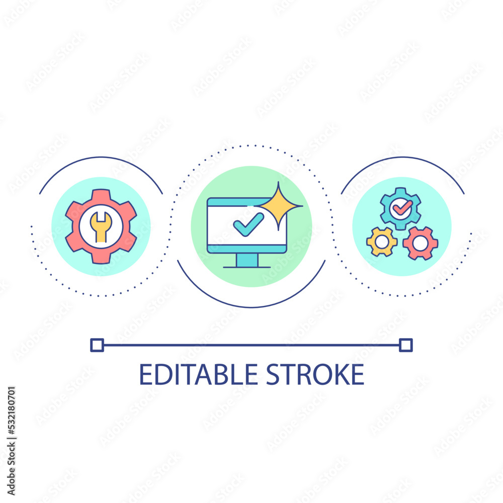 Computer repair service loop concept icon. System setup and software installation. Technology abstract idea thin line illustration. Isolated outline drawing. Editable stroke. Arial font used